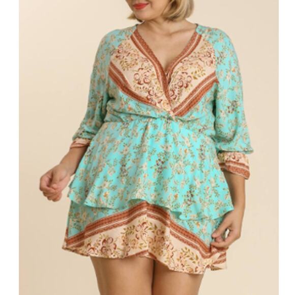Umgee Boho Chic V-Neck Floral Print Layered Mini Dress Mint Combo Size XL - Picture 6 of 6